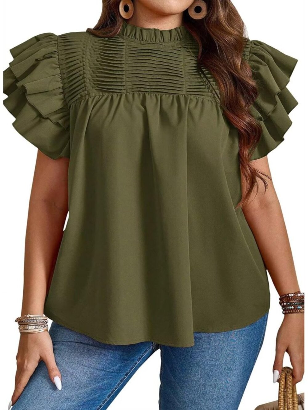 Women Army Green Mock Neck Pleated Tunic Loose Fit Ruffle Sleeve Summer Tops